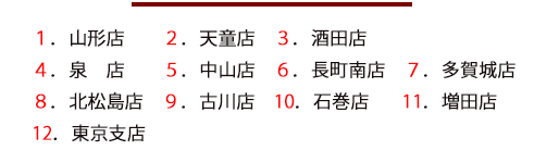 １．山形店　２．天童店　　３．酒田店
  　　４．泉　店  ５．中山店　  ６．長町南店　７．多賀城店　８．北松島店  ９．古川店　１０．石巻店　１１．増田店　１２．東京支店